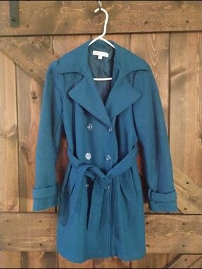 Women’s Teal Double-Breasted Wool- Blend Trench Coat with Belt